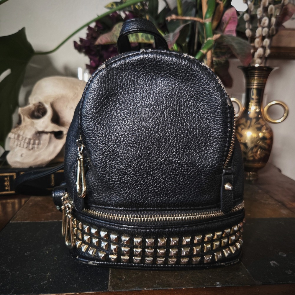 Leather Backpack Studded Black Mini Bag Edgy Punk Goth Rocker Streetwear 9x8